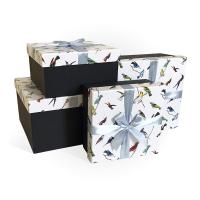 Набор подарочных коробок 4 в1 с бантом Экзотические птицы на белом