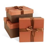 Набор подарочных коробок 3 в 1 с бантом бумага перламутр МИКС,медный-бронзовый